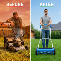 14 In. Blue Push Lawn Mower, Push Reel Lawn Mower — Before & After