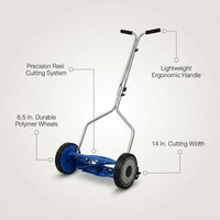 14 In. Blue Push Lawn Mower, Push Reel Lawn Mower — infographic