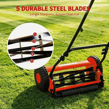 16" Push Lawn Mower, Manual Hand Push Lawn Mower without Grass Catcher, Lightweight & Portable Walk-Behind Mower for Small Yards, Garden & Patio