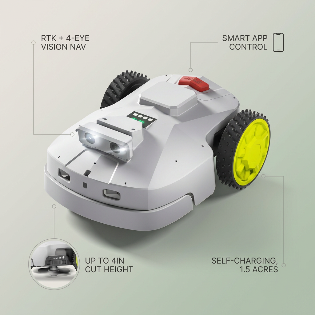 Robot Lawn Mower — 1.5 Acre Ultra Quiet Self Charging Robot Mower, up to 4 Inches Cutting Height, Robotic Lawn Mowers with RTK+4 Eye Vision, Mapping and anti Theft Tech, APP Control — infographic