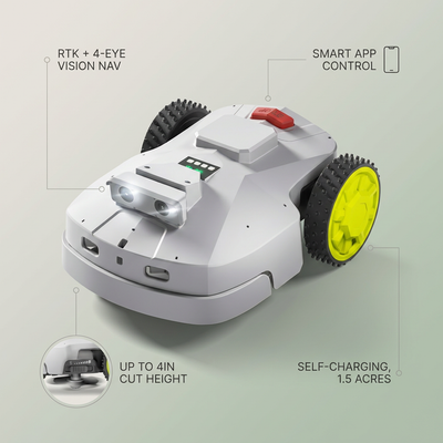 Robot Lawn Mower Designed for Effortless Maintenance, RTK GPS Mapping, 4-Eye Vision, Self Charging