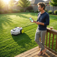 Robot Lawn Mower — 1.5 Acre Ultra Quiet Self Charging Robot Mower, up to 4 Inches Cutting Height, Robotic Lawn Mowers with RTK+4 Eye Vision, Mapping and anti Theft Tech, APP Control — Lifestyle