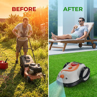 Robotic Lawn Mower Grass Cutter Robot Smart without Boundary Wire 4.0Ah Removable Battery Visual Sensor for Small Garden 200Sqm — Before & After