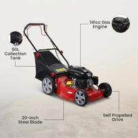 Self Propelled Lawn Mower, 141 Cc Gas Engine Lawn Mower, Push Lawn Mower with 50L Grass Tank — infographic