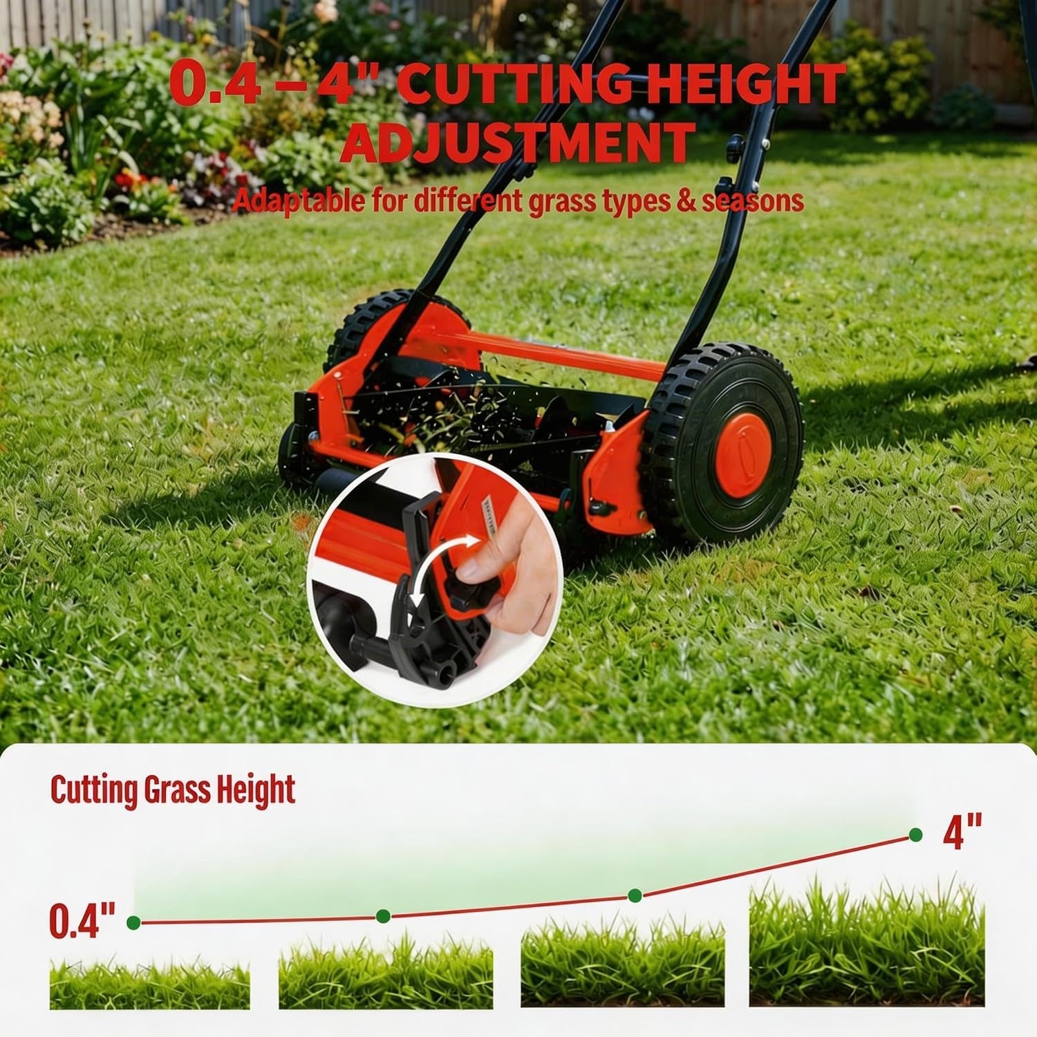16" Push Lawn Mower, Manual Hand Push Lawn Mower without Grass Catcher, Lightweight & Portable Walk-Behind Mower for Small Yards, Garden & Patio