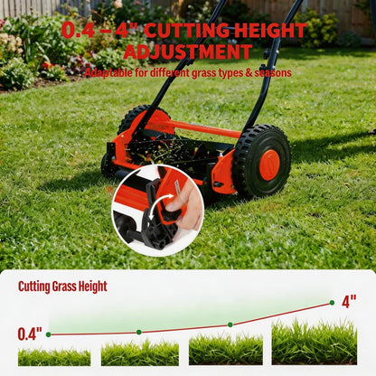 16" Push Lawn Mower, Manual Hand Push Lawn Mower without Grass Catcher, Lightweight & Portable Walk-Behind Mower for Small Yards, Garden & Patio