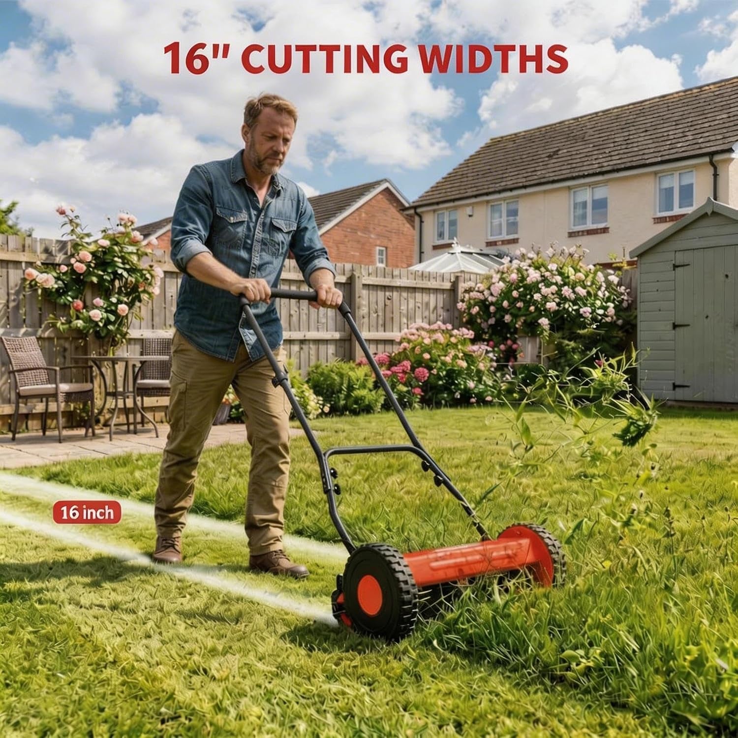 16" Push Lawn Mower, Manual Hand Push Lawn Mower without Grass Catcher, Lightweight & Portable Walk-Behind Mower for Small Yards, Garden & Patio